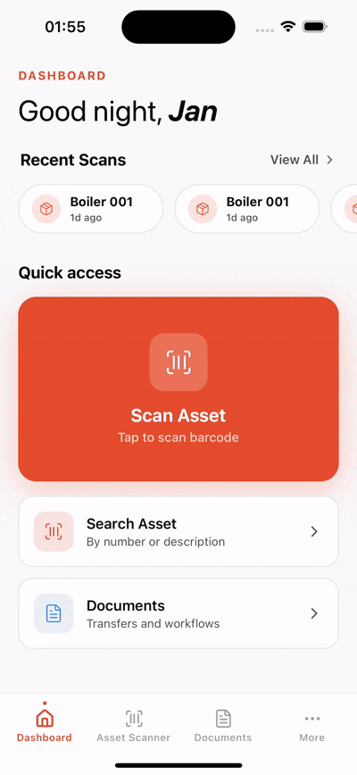 Mobile app showing the handover flow and signature process
